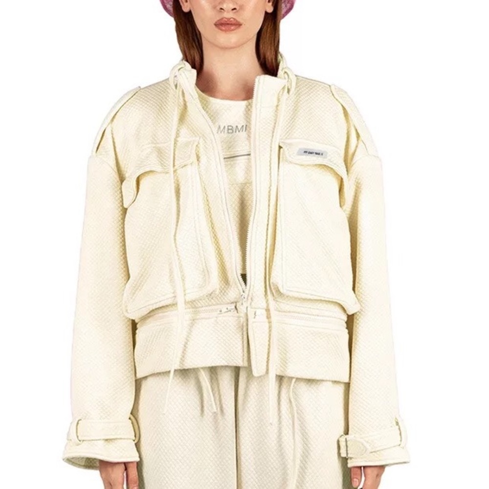 Jacket streetwear pockets cream white waffle fabric hip hop - Picture 4 of 11